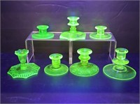 7 URANIUM GLASS CANDLE HOLDERS - UNMATCHED