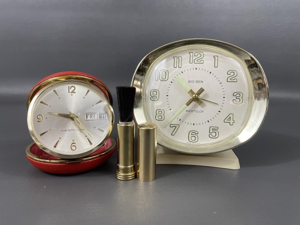 Two Vintage Westclox Clocks & Compact Brush