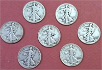 7 SILVER WALKING LIBERTY SILVER COINS 1939-45 HALF