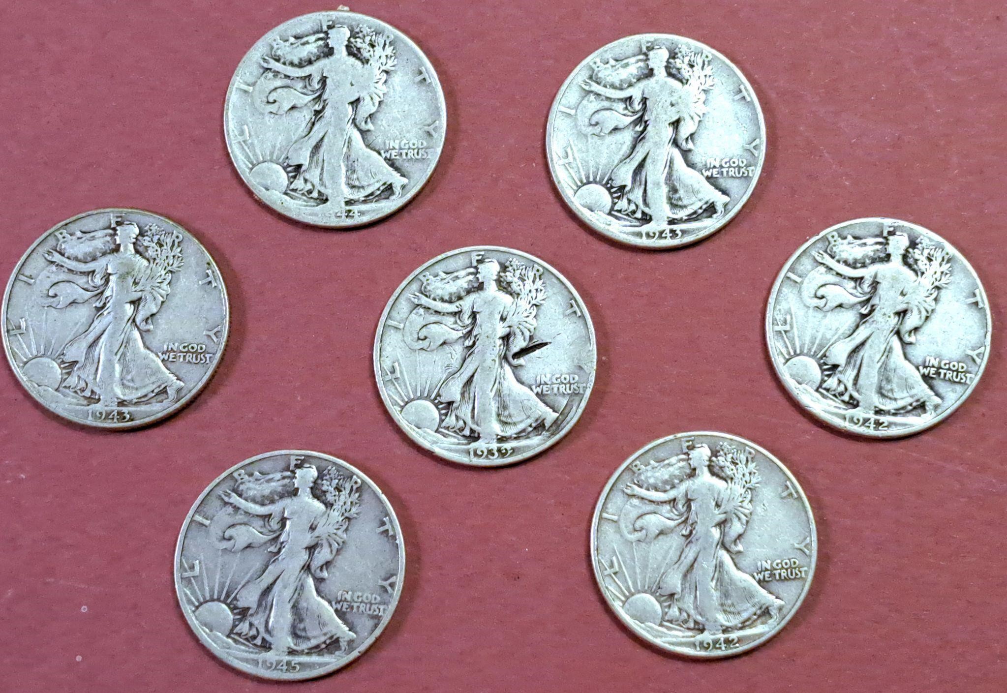 7 SILVER WALKING LIBERTY SILVER COINS 1939-45 HALF