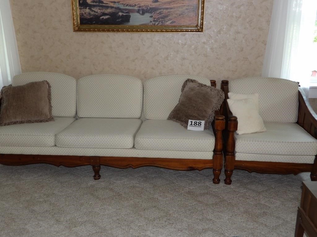 Wood Framed Couch & Chair w/ Cream Cushions
