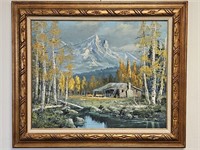 Signed Oil Painting Mountain Valley Cabin