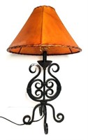 Scrolled Metal Table Lamp with Leather Shade