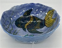 Signed 15" Ceramic Art Pottery Fish Painting Bowl
