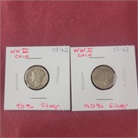 Two Mercury Dimes - 1942, 1943