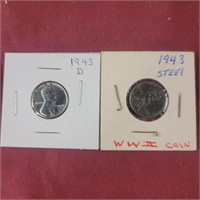 Two Steel Wheat Pennies 1943D, 1943