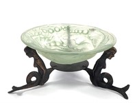 Art Nouveau Mermaid Green Glass Bowl w Base