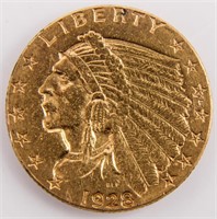 Coin 1928 U.S. Gold $2.5 Indian Head Almost Unc.