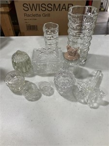 Glass vases, candy dishes, jar with bird lid