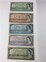 Can Set Of $1, 2, 5, 10, 20 1954 Banknotes