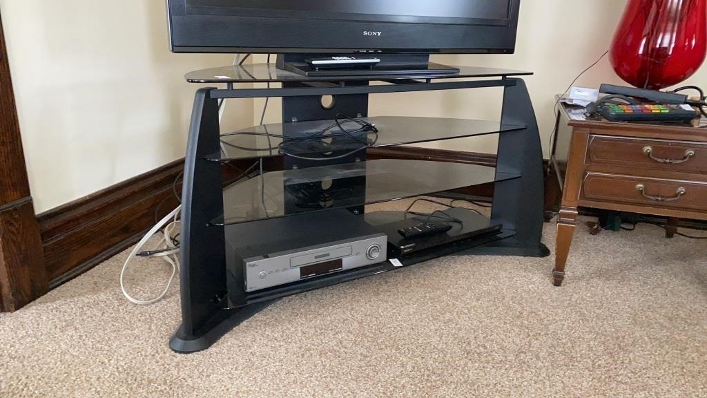 wood and glass 4 tier shelf TV stand 52 x 18 x 25