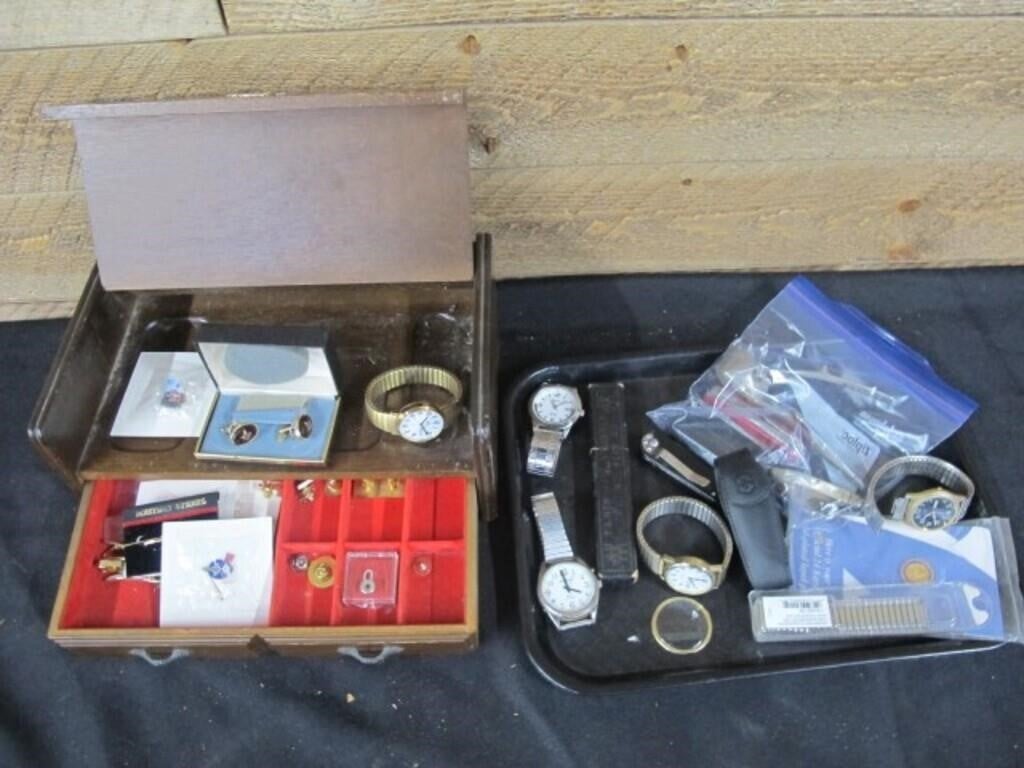 TRAY LOT WATCHES AND JEWELRY BOX, CUFF LINKS