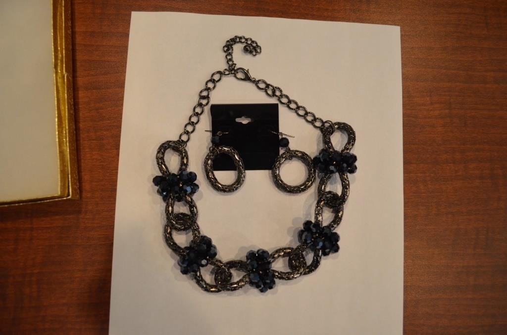 Large Grey/Silver and Blue Costume Necklace &