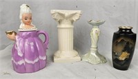 Decorative Lot: Pillar, Vase, Teapot & Candlestick