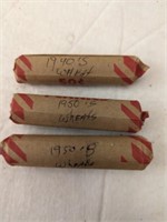 1940's, 50's Wheat Pennies, 3 Rolls