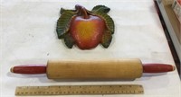 Wood rolling pin & 1967 Miller Apple plaster