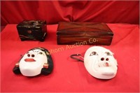 Wooden Masks, Vintage Boxes 4pc lot