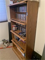 TALL WOOD SHELVING UNIT WITH GLASS DOORS