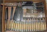 set of bone handle flatware - 12 forks, 9 knives;