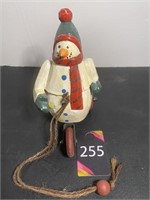 Vintage Carved Wood Snowman Pull Toy