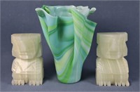 Aztec Onyx Bookends & Slag Glass Vase