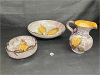 3 pc Pottery Set, Wheat Pattern, Glazed Ashtray &