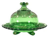 EAPG 2 Pc Green Glass Butter Dish w Gold Accents