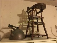 doll high chair and old teapot baby shoes