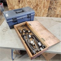 Plastic Tool Box, Wooden Box w Tools