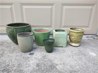 6 Green Ceramic Flower Pots