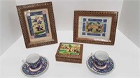 2 TILE PICTURES IN INLAID FRAMES + INLAID BOX +