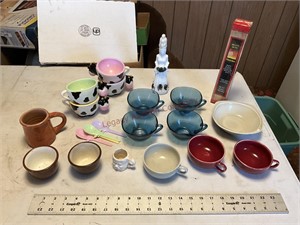 Assorted cups, dairy cow ice cream set, matches,