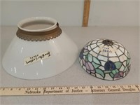 Stained glass lead lampshade & milk glass