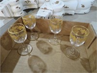 4 PC ANTIQUE CRYSTAL CORDIALS GOLD TRIMMED
