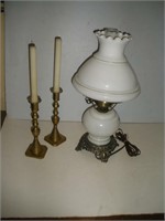 Hurricane Lamp and 2 Brass Candle Holders