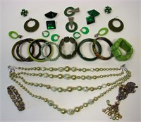Large Lot Of Green Vintage Costume Jewelry