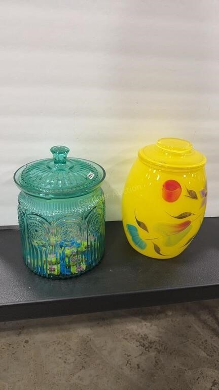 YELLOW BARTLETT COLLINS COOKIE JAR AND GLASS