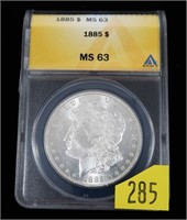 1885 Morgan dollar, ANACS slab certified MS-63