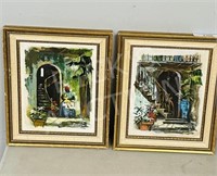 2 framed street scenes - signed - 10.5" x 12.5"