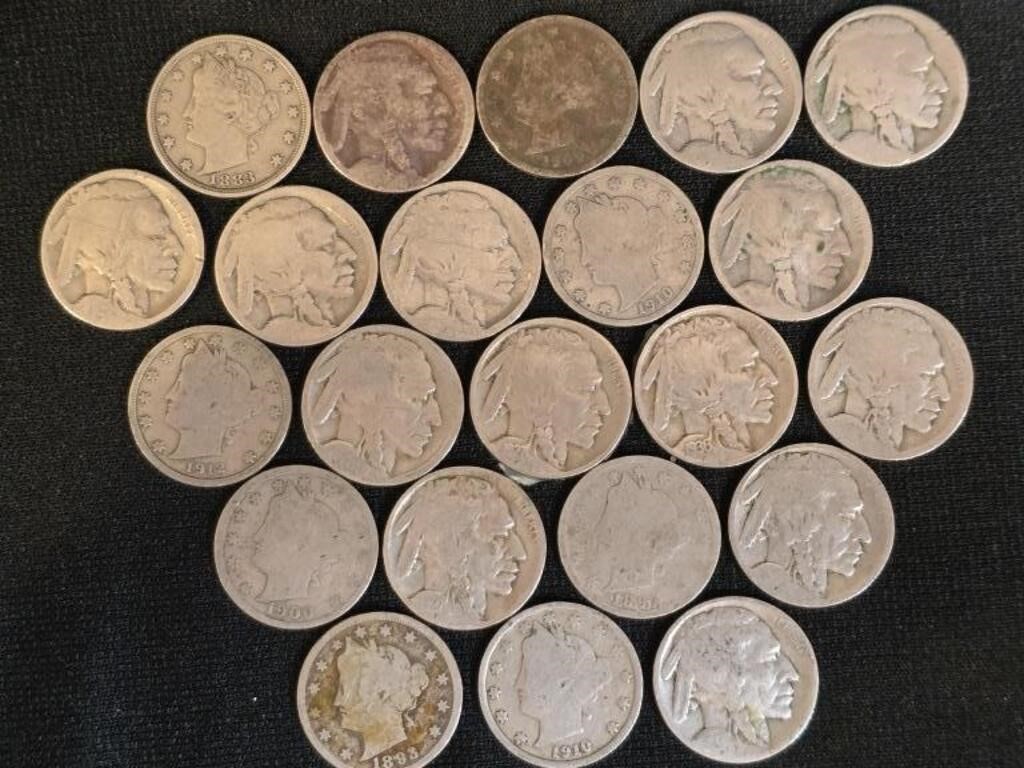 22 NICKELS NO DATE BUFFALO HEADS AND V NICKELS