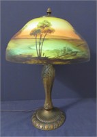 Phoenix reverse painted glass & bronzed table lamp