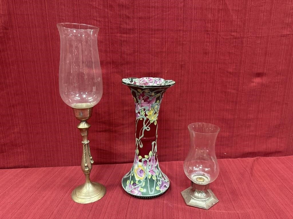 Nippon Porcelain Vase, 14 inches, and Candle