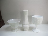 3 White Glass Vases