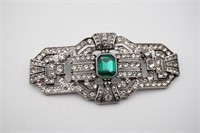 Rhinestone Brooch w/Faux Emerald