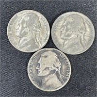 (3) 1945 Jefferson Wartime Silver Nickels