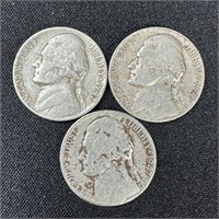 (3)  1947 Jefferson Wartime Silver Nickels