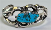 Large Sterling Native Turquoise Cuff 48 Grams