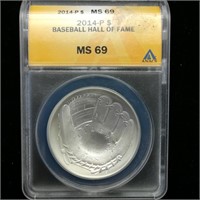 2014 S $1 MS69 ANACS Baseball Hall of Fame