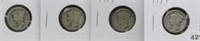 (4) 1919 Mercury Silver Dimes.