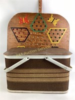 Redmon Picnic Basket Tartan Brown Stripe Wood Lid